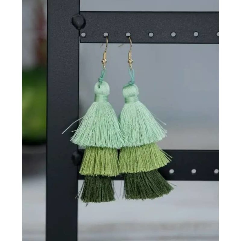 Green Ombre Tiered Silky Tassel Earrings